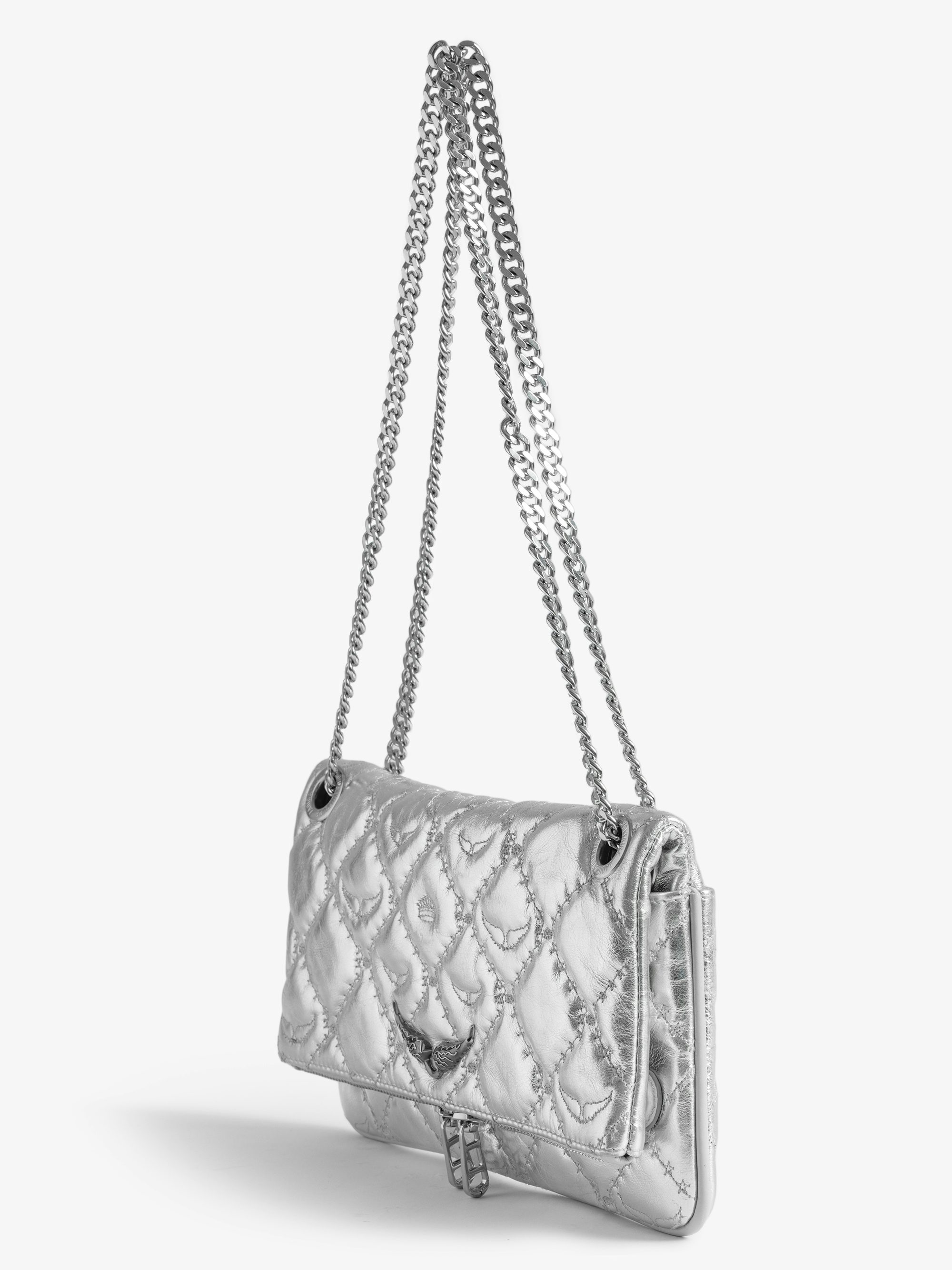 Rock II Metal Monogram Clutch - Pochette in quilted metallic leather with sliding metal chain and signature wings.